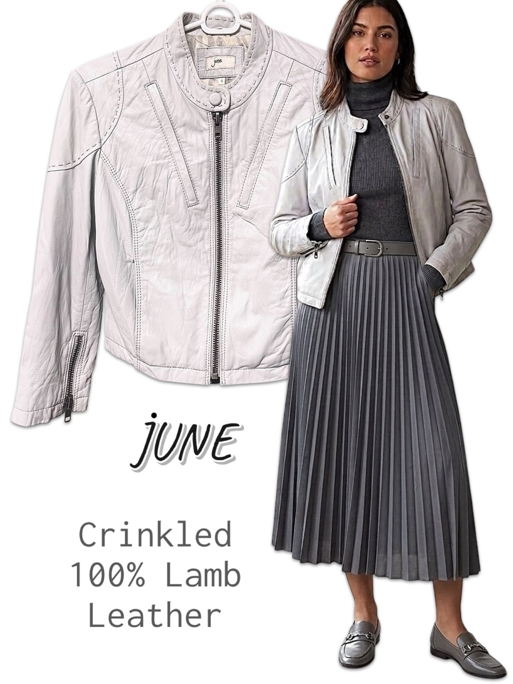 JUNE Glove Soft Crinkled 100% Lambskin Leather Fitted Moto Jacket Gray Silk S